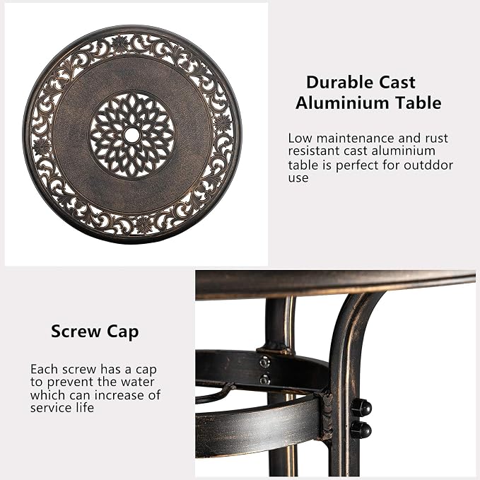 VINGLI 3 Piece Outdoor Patio Bar Set, Cast Aluminum Outdoor Swivel Bar Stools - Image 6