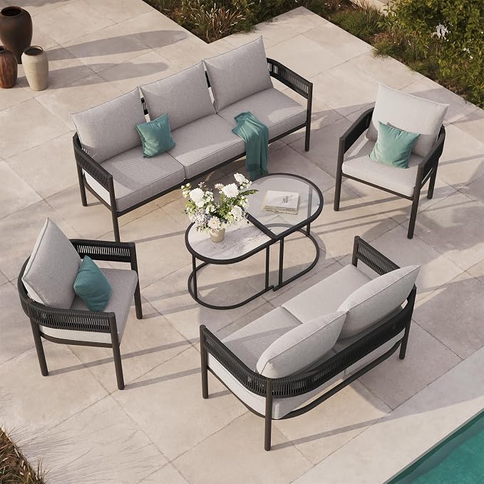 Grand patio 6-Piece Outdoor Furniture Set, 7 Seats Wicker Sofa Conversation Set by GrandPatio
