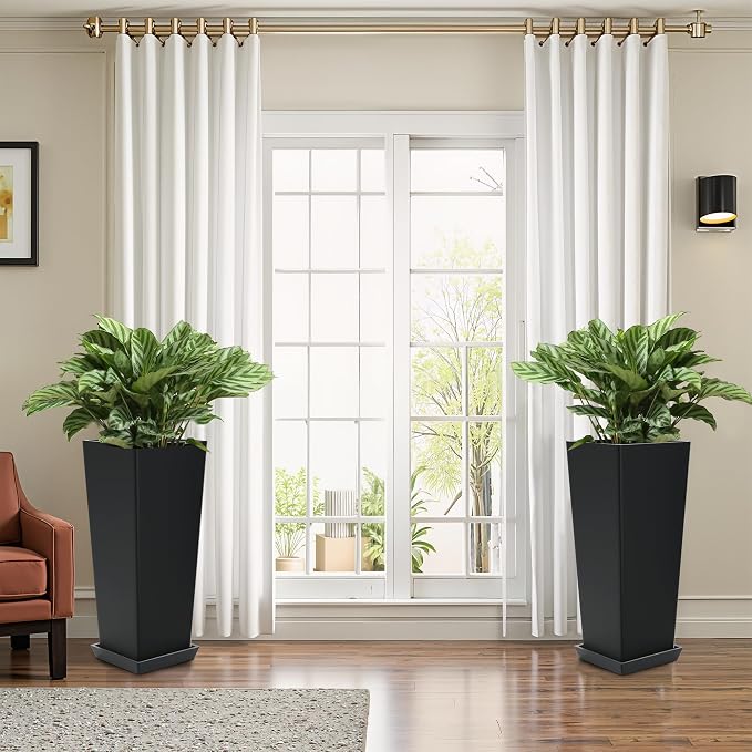 FENCY Set of 2 Tall Planters for Outdoor Plants, 24 Inch Large Tapered Pots - Image 5
