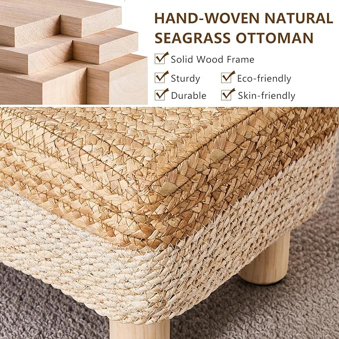 Wimarsbon Natural Seagrass Footstool Ottoman Rectangular Footrest Pouf Ottomans - Image 4