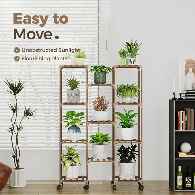 Bamworld Plant Stand With Wheels Indoor Outdoor Wood Plants Shelf - Image 2