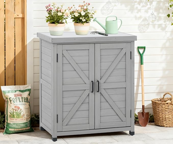 Outdoor Potting Bench with Storage Cabinet and Metal Top, Wood Workstation - Image 8