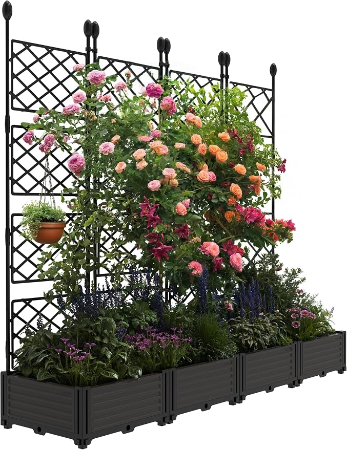 4 PCS Raised Garden Bed with Trellis & Privacy Screen, Flowers on Patio by Unknown