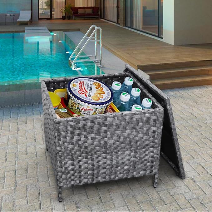 Outdoor Wicker Storage Side Table, Patio Grey PE Rattan End Table - Image 3
