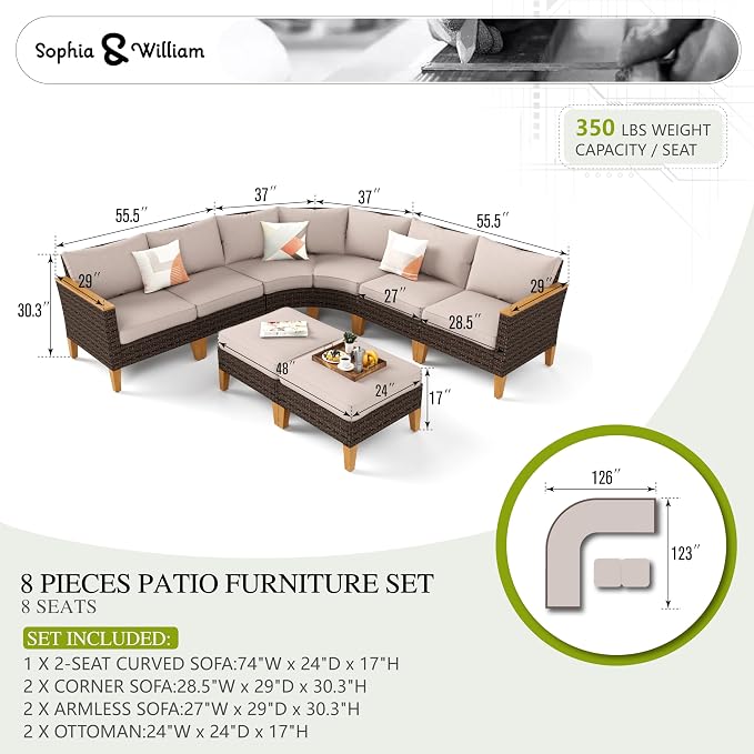 Sophia & William Half Moon Patio Furniture Set 8 Piece Outdoor Sectional Sofa - Image 7