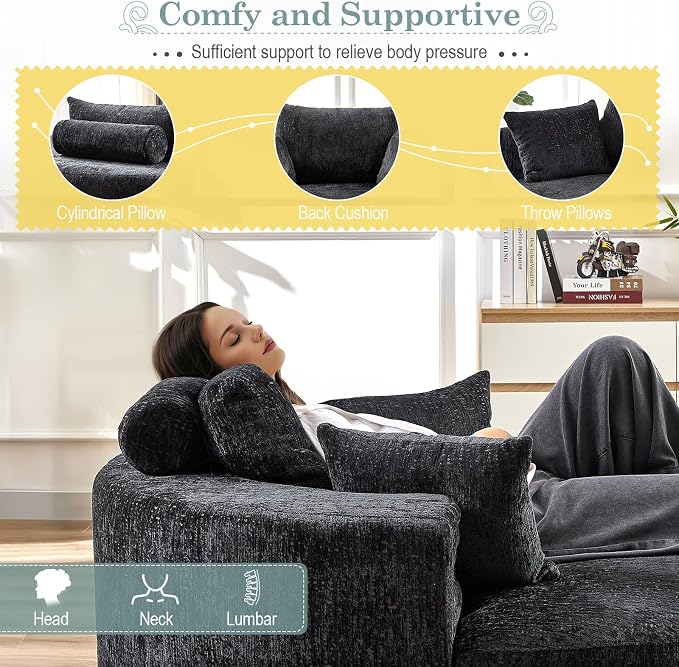 Oversized Round Chaise Longue Chair Indoor, Modern 55-inch Upholstered Chenille - Image 4
