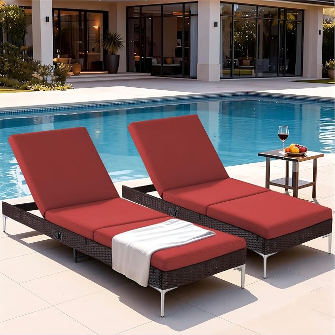 HOMREST Outdoor Lounge Chairs Set of 2, Patio Wicker Chaise Lounge by HOMREST