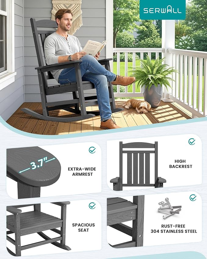 SERWALL Outdoor Rocking Chair Set of 4, HDPE Patio Rocking Chair, All-Weather - Image 5