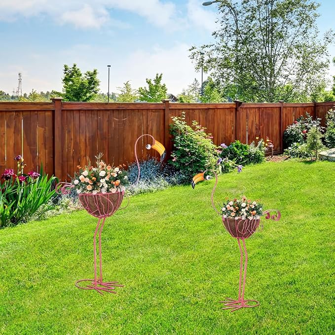 hogardeck Garden Decor for Outside, Metal Standing Flamingo Plant Pots Yard Art - Image 9