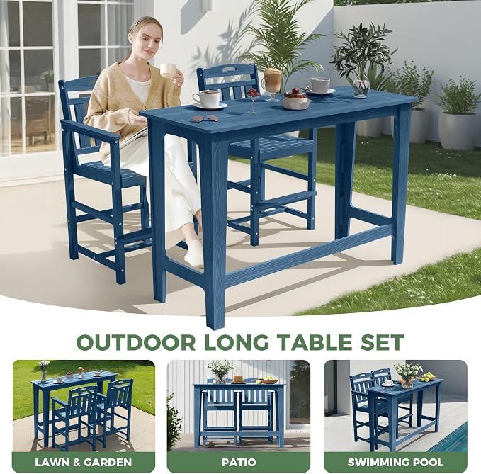 Outdoor Patio Bar Height Table and Tall Adirondack Chairs Set of 2, All-Weather - Image 9