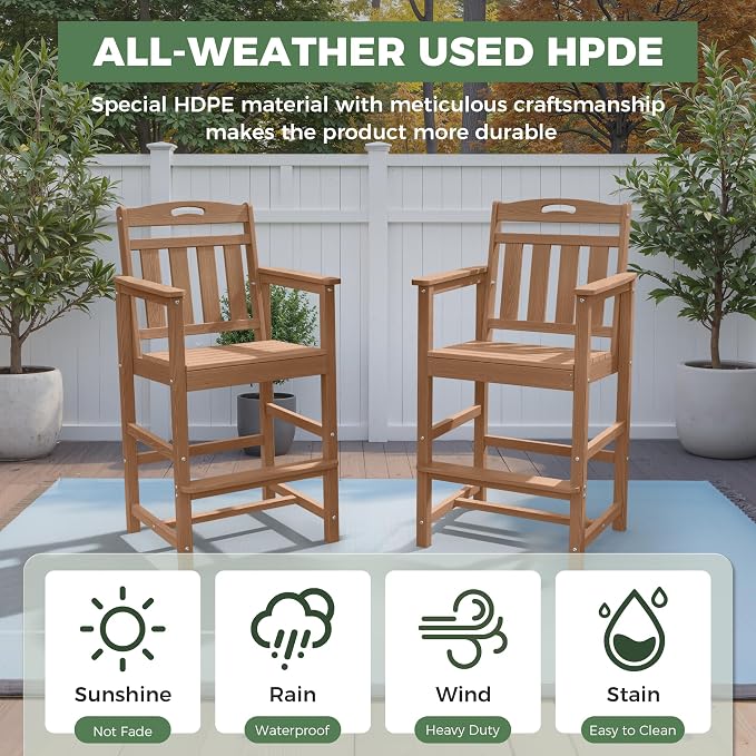 HDPE Outdoor Patio Tall Bar Chair, All-Weather Bar Height Balcony Adirondack - Image 2