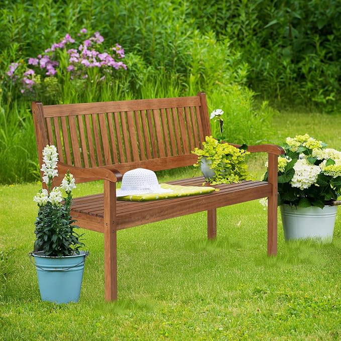 VINGLI 50" Outdoor Wood Bench, Weatehr Resistant Wooden Garden Patio Bench - Image 7