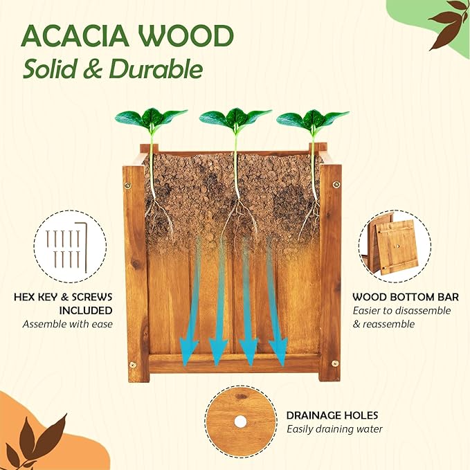 Idzo Set of 2 Hardwood Outdoor Flower Box, Durable Acacia Wood Flower Boxes - Image 6