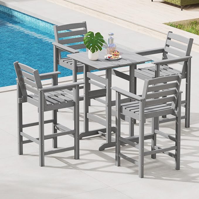 Tangkula 3-Piece Patio HDPE Bar Set, 2 Bar Height Adirondack Armchairs w/Square - Image 3