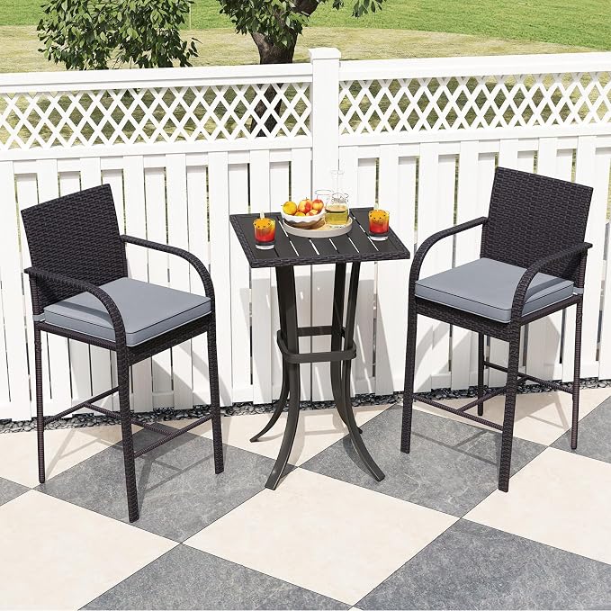 Tangkula 3 Piece Patio Wicker Bar Set, Outdoor Rattan Counter Height Cushioned - Image 3