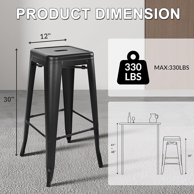Elevon 30 Inches Metal Bar Stools, High Backless Stools, Indoor Outdoor - Image 3