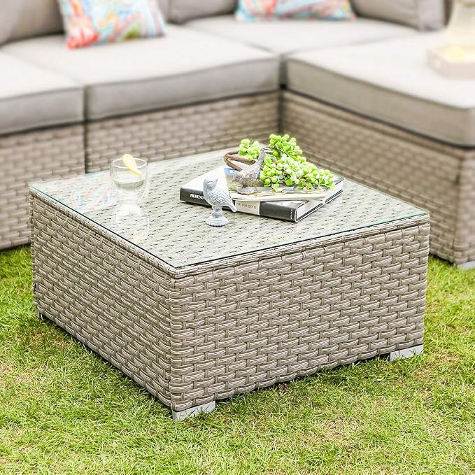 COSIEST Outdoor Furniture Warm Gray Wicker Glass-Top Coffee Table - Image 3