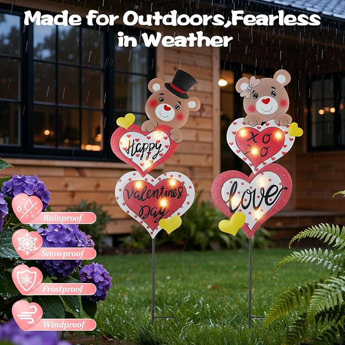 Lewondr 2 Pcs Valentine's Day Decorations Outdoor, Metal Solar Pathway Lights - Image 4