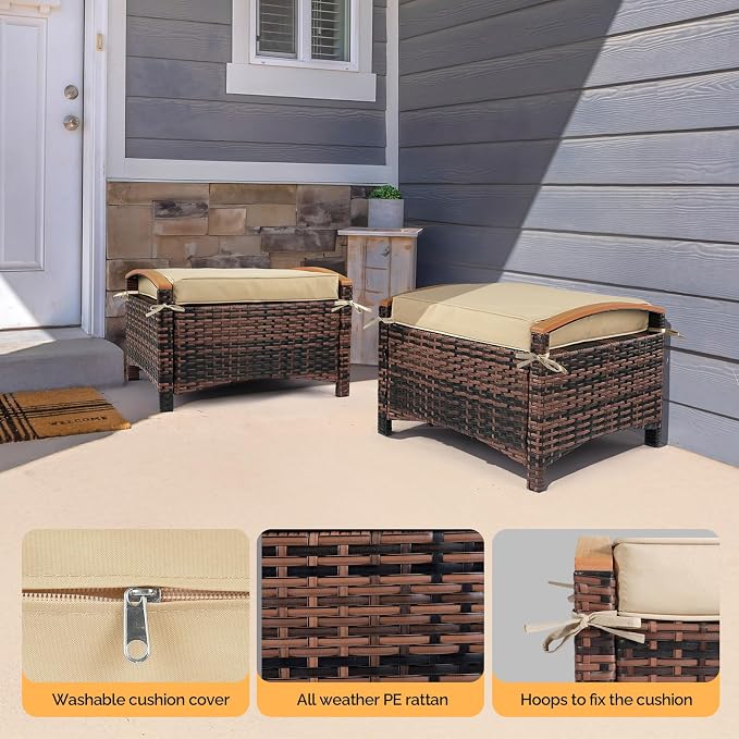 VINGLI Wicker Outdoor Ottoman Set of 2, All Weather PE Rattan Footstool - Image 6