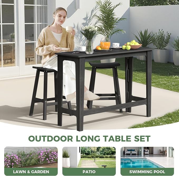 Outdoor Patio Bar Height Table and Tall Stools Set of 2, All-Weather HDPE High - Image 5
