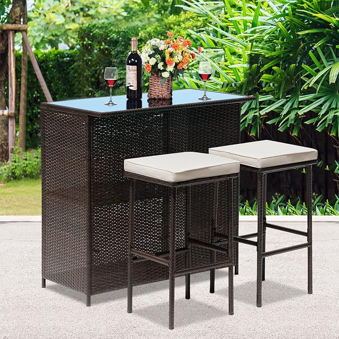 Wicker Patio Furniture 3 Piece Patio Bar Table Set Chairs Wicker Outdoor Rattan - Image 5