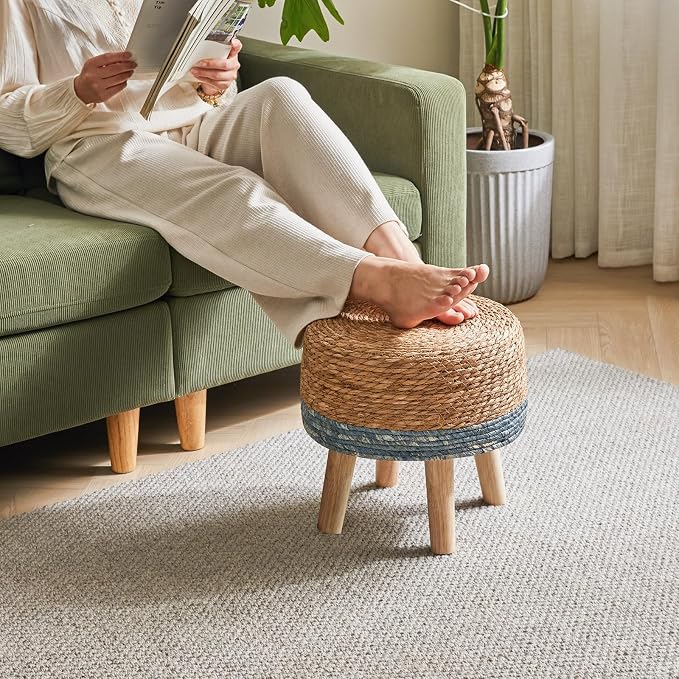 YMYNY Foot Stool Natural Seagrass Hand Weave, 12.6" Small Ottoman, Round - Image 4