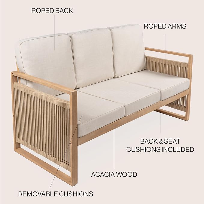 JONATHAN Y SFB1002A Gable 3-Seat Mid-Century Modern Roped Acacia Wood Outdoor - Image 4