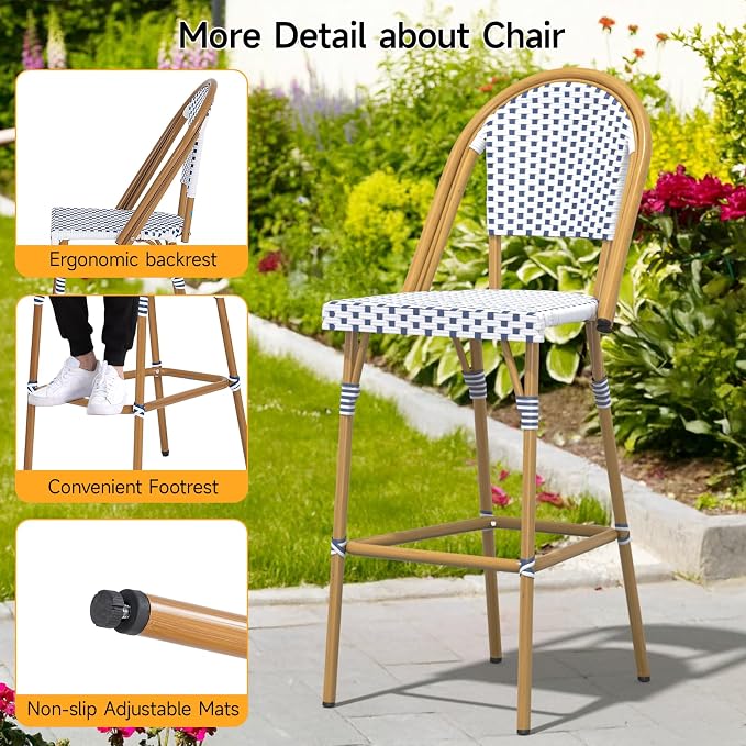 ONBRILL French Outdoor Bar Stool Set of 4, Patio Counter Height Chairs - Image 6