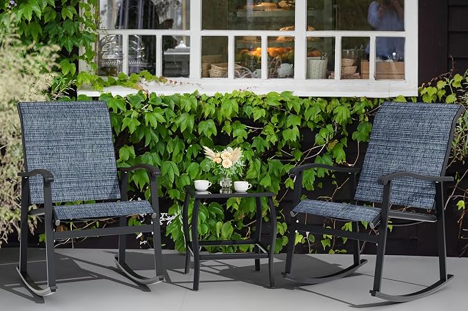 Vongrasig 3 Piece Outdoor Rocking Bistro Set, Textilene Fabric Small Patio - Image 8