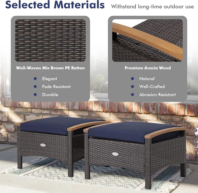 Tangkula 2 Piece Patio Rattan Ottomans, Outdoor Wicker Footstool w/Acacia Wood - Image 5