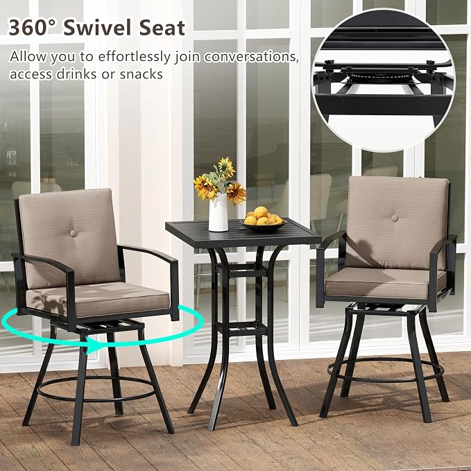 Tangkula 3 Pieces Patio Swivel Bar Set, Outdoor Metal Bar Table and Chairs Set - Image 7
