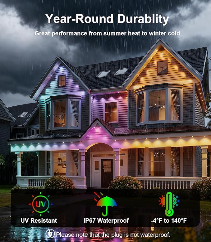 150FT Permanent Outdoor Lights for House, Smart Color Change LED Waterproof - Image 4