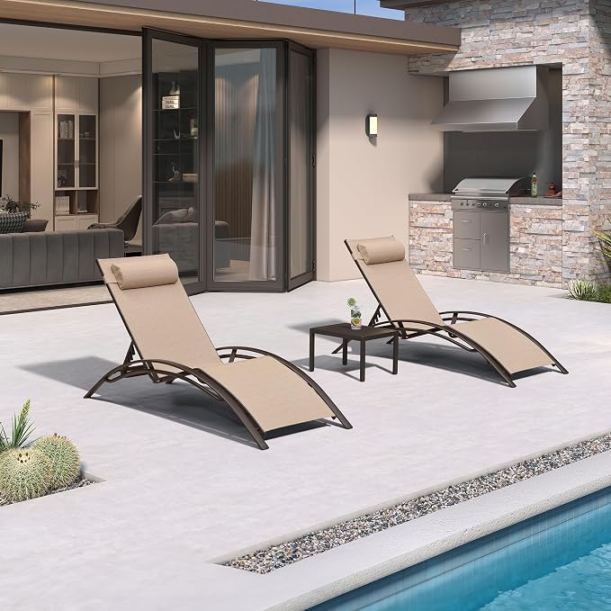 PURPLE LEAF Outdoor Chaise Lounge Chair Set of 3 Patio Pool Lounger Bronze by PURPLELEAF