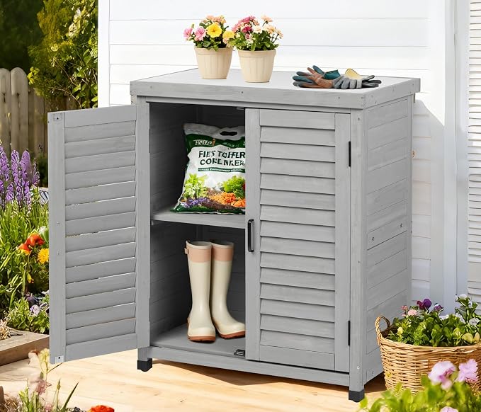 Outdoor Potting Bench with Storage Cabinet and Metal Top, Wood Workstation - Image 2