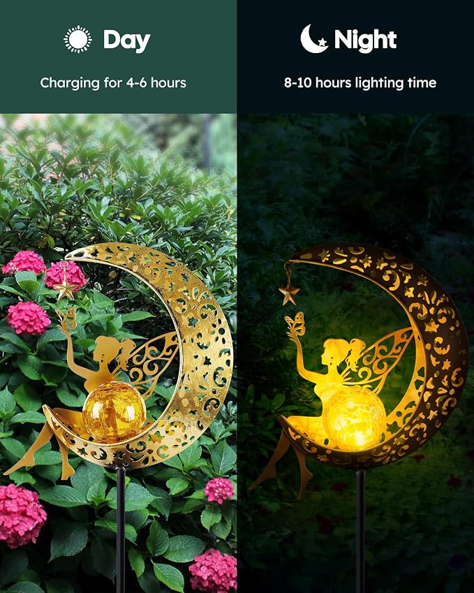 Solar Garden Statues Outdoor Decor, Fairy Moon Figurine Light Stake, - Image 6