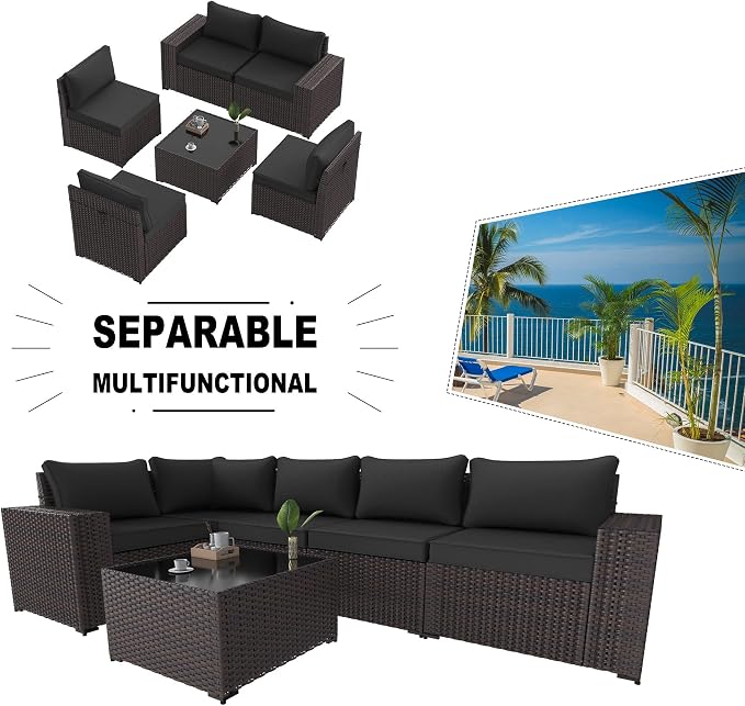 Kullavik Outdoor Patio Furniture Set 6 Pieces Sectional Rattan Sofa Set Brown - Image 5