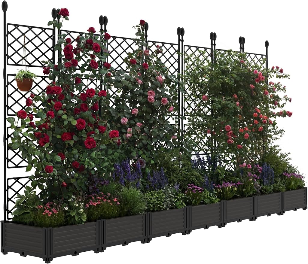 7 PCS Raised Garden Bed with Trellis & Privacy Screen, Flowers on Patio by Unknown