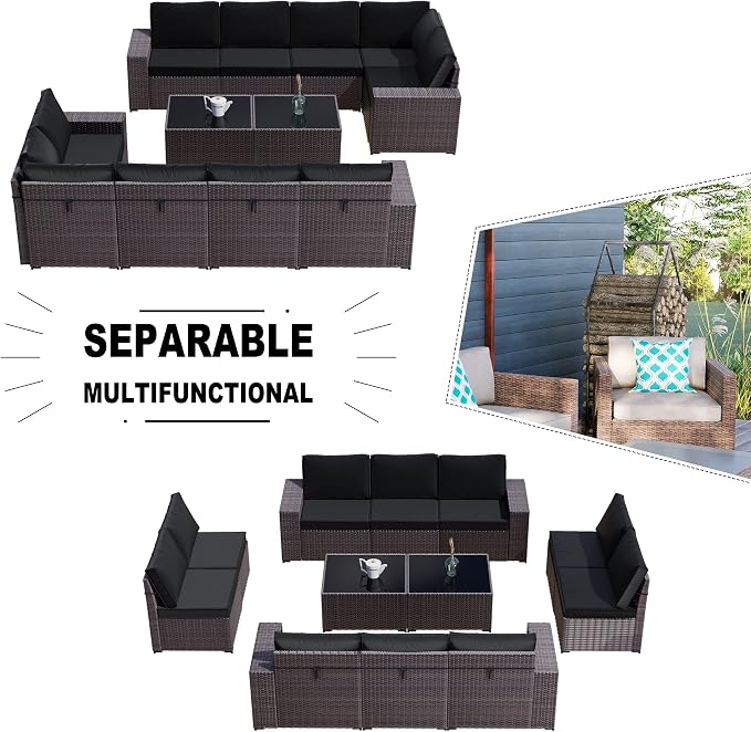 Kullavik Outdoor Patio Furniture Set, 12 Pieces Sectional Rattan Sofa Set Brown - Image 5