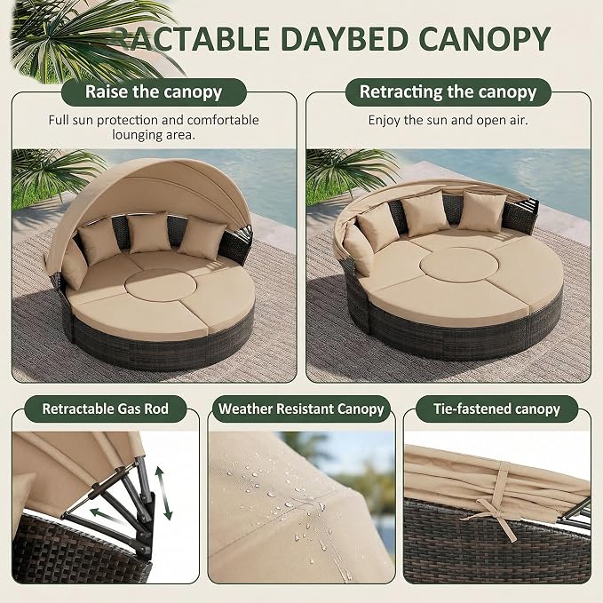 Outdoor Patio Daybed with Retractable Canopy, Wicker Rattan Sectional Round - Image 4