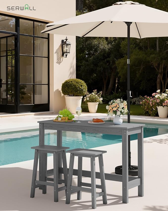 SERWALL 3-Piece Outdoor Bar Set, Rectangular All Weather HDPE Bar Height Patio - Image 7