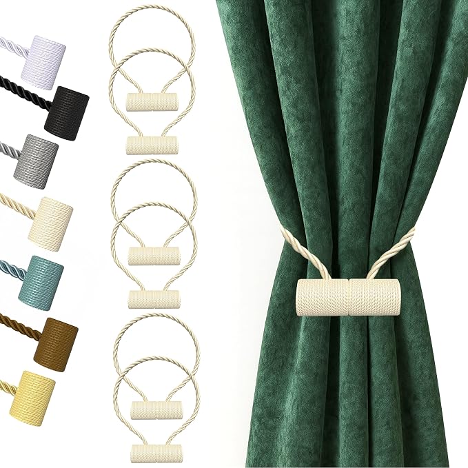 Hion Magnetic Curtain Tiebacks Beige 6 Pack, Curtain Tiebacks Buckles Holdbacks by Hion