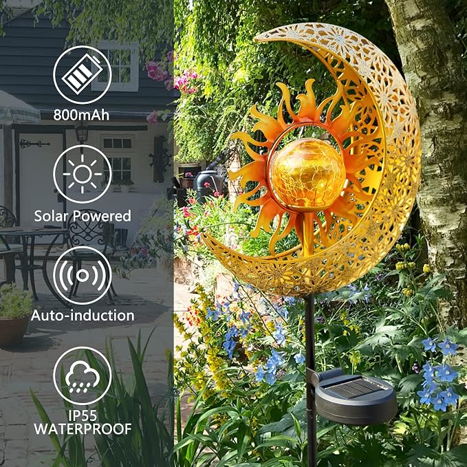 LICKLIP Garden Solar Lights Outdoor Decorative, Sun & Moon Crackle Glass Globe - Image 3
