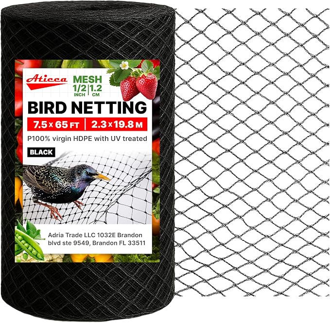 Heavy Duty Bird Netting for Garden Protection & Fruit Trees, 7.5x65 Ft by Aticca