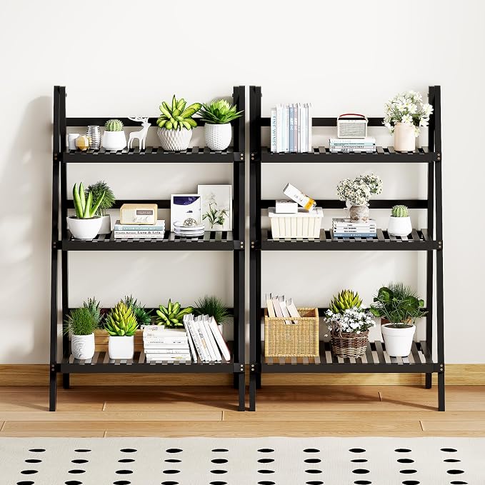 39.4" Foldable Plant Shelf Ladder Shelf, 3 Tier Bamboo Ladder Flower Pot - Image 9