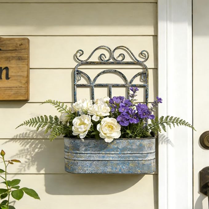 Rustic Metal Wall Planter Vintage Wall Mounted Flower Pot Distressed Wall - Image 9