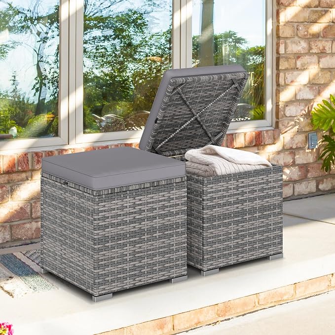 Tangkula 2 Pieces Patio Ottomans, Patiojoy Hand-Woven PE Rattan Side Table - Image 2
