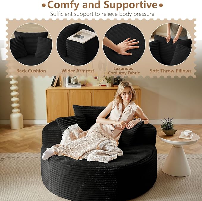 Oversized Round Chair Lounge Chaise Indoor, Upholstered Corduroy Deep Seat - Image 4
