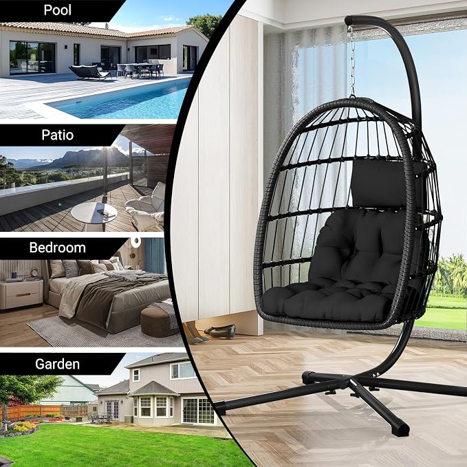 CHABATREE Egg Chair with Stand, Patio Rattan Wicker Hanging Swing Egg Chair - Image 6