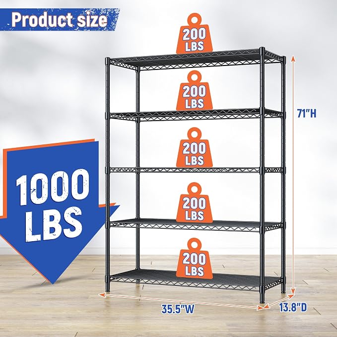 5 Tier Storage Shelves 71"H Wire Shelving Adjustable Metal Shelving, 1000LBS - Image 3