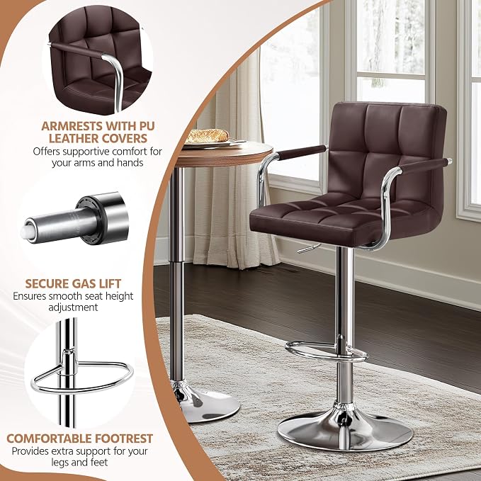 Yaheetech Bar Stools Set of 2, Adjustable PU Leather Swivel Barstools, Modern - Image 4
